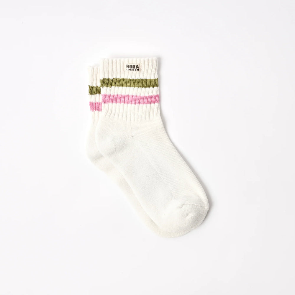 ROKA London | Windsor Stripe - Women's Socks - Avocado/Pink Carnation